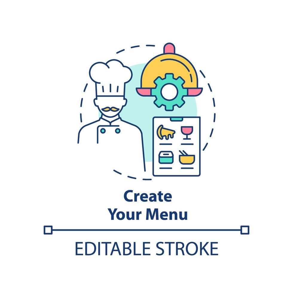 Create menu concept icon. Starting restaurant step abstract idea thin line illustration. Representing dishes and drinks. Isolated outline drawing. Editable stroke. vector