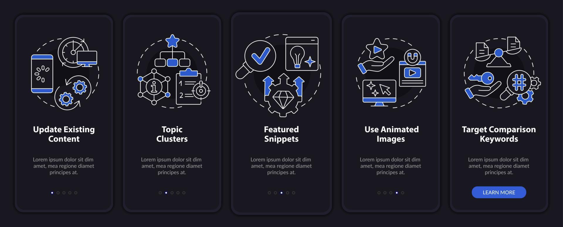 Advanced SEO techniques night mode onboarding mobile app screen. Walkthrough 5 steps editable graphic instructions with linear concepts. UI, UX, GUI template. vector