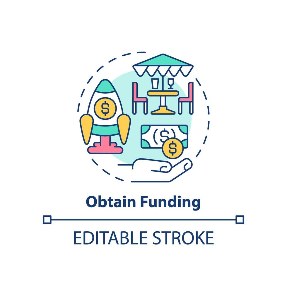 Obtain funding concept icon. Start restaurant journey abstract idea thin line illustration. Business loans. Get financing. Isolated outline drawing. Editable stroke. vector