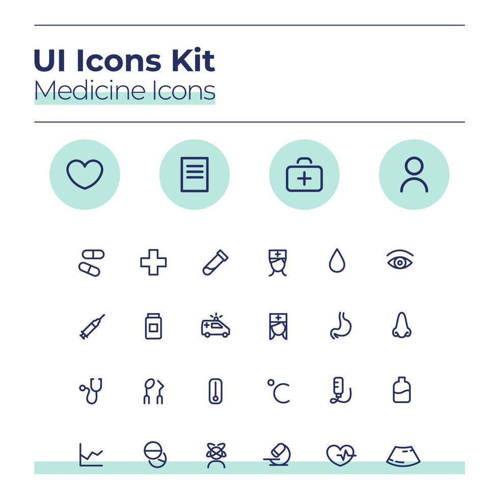 Medicine UI icons kit. Health care thin line vector symbols set. Doctor consultation. Medical treatment mobile app buttons in blue circles pack. Web design elements collection