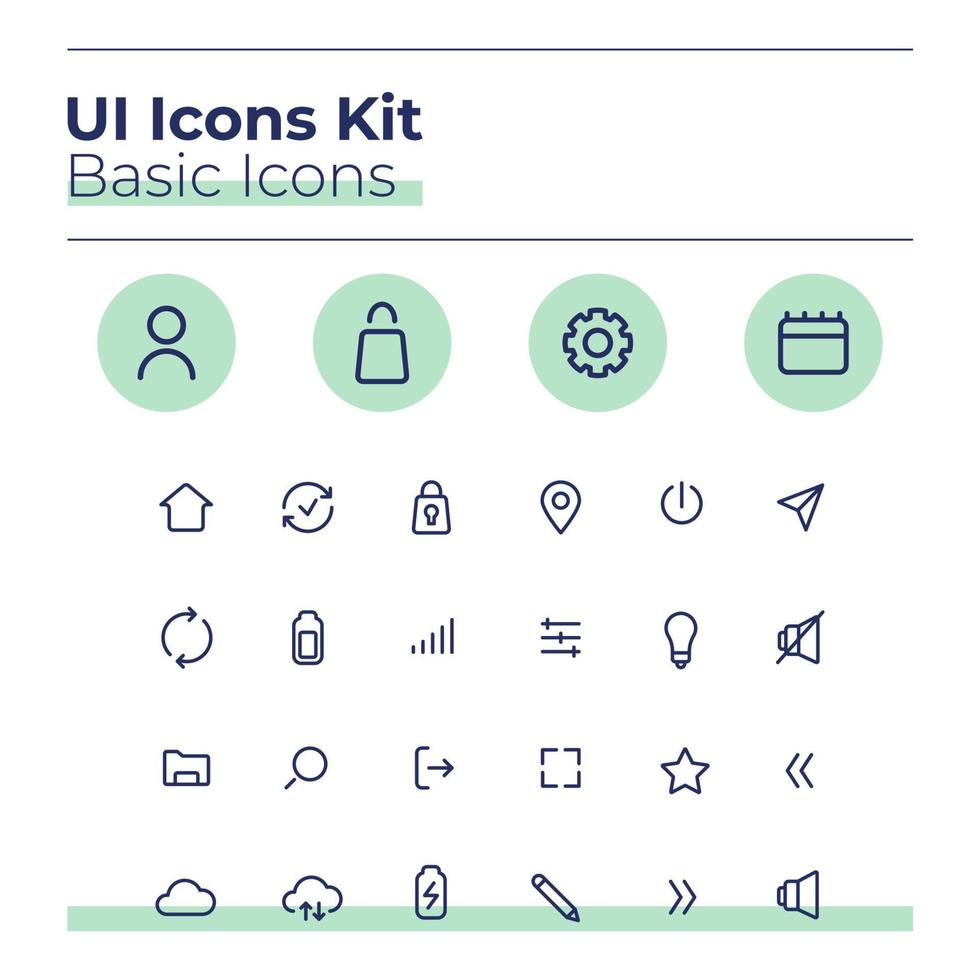 Basic UI icons kit. Settings thin line vector symbols set. Upload file to cloud with wi fi. Option mobile app buttons in green circles pack. Web design elements collection