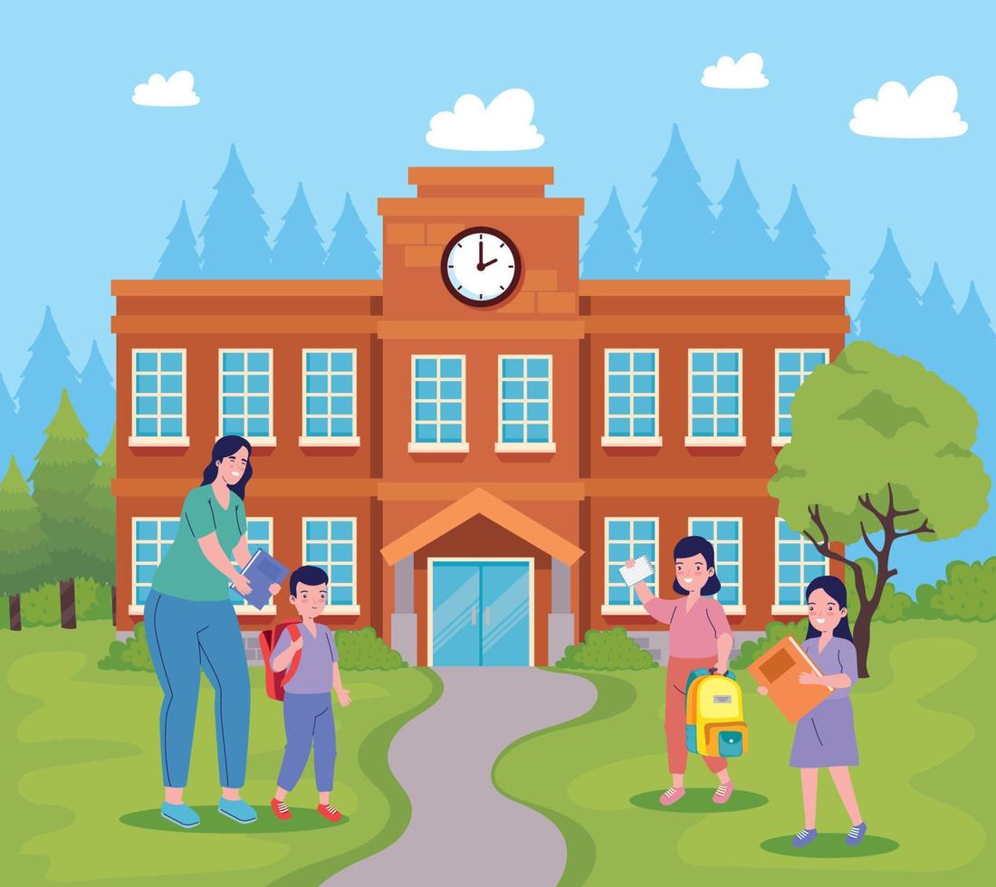 school building with teacher and kids vector