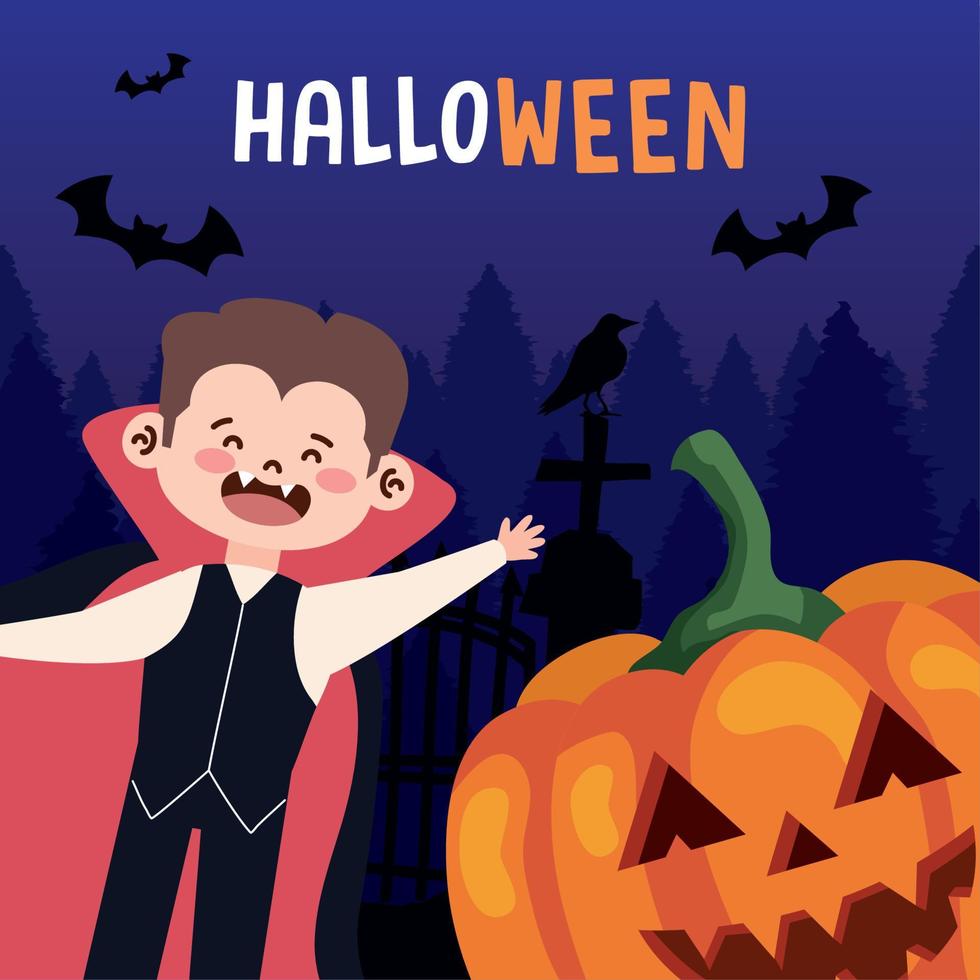 halloween lettering with dracula and pumpkin vector