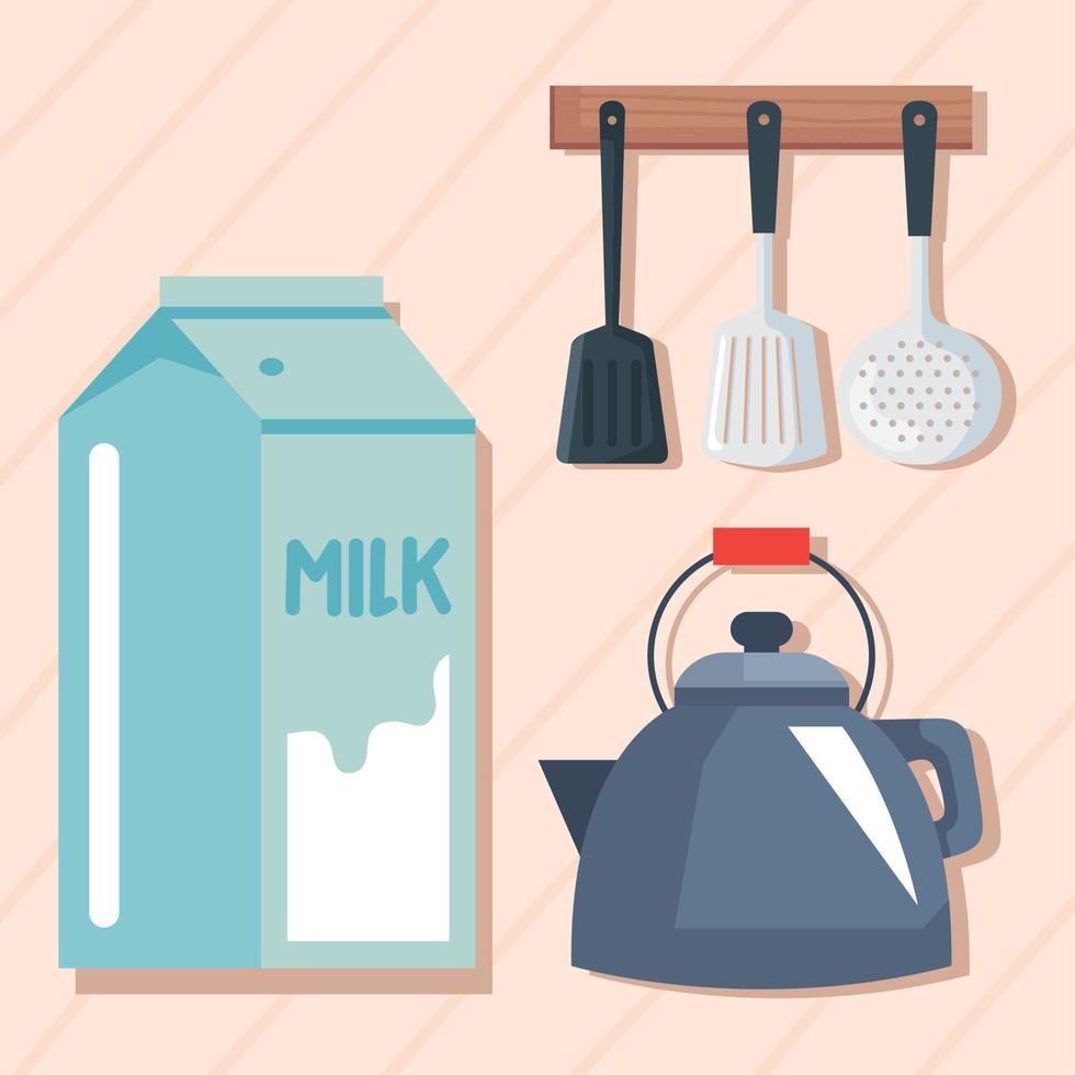 milk box and kitchen utensils vector