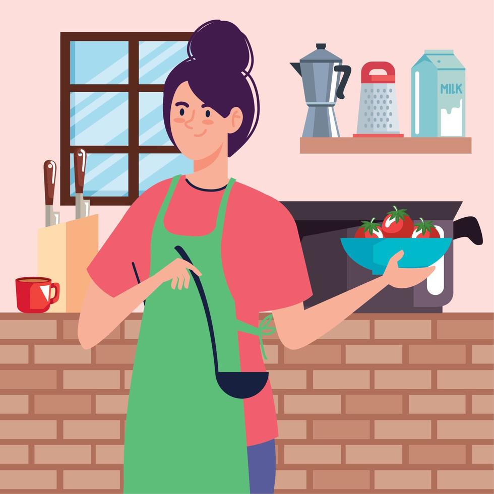 mujer cocinando con tomates vector