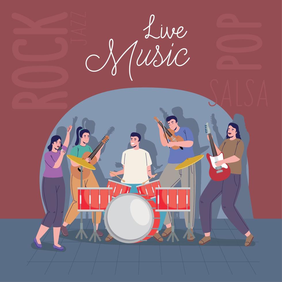 live music lettering with band vector