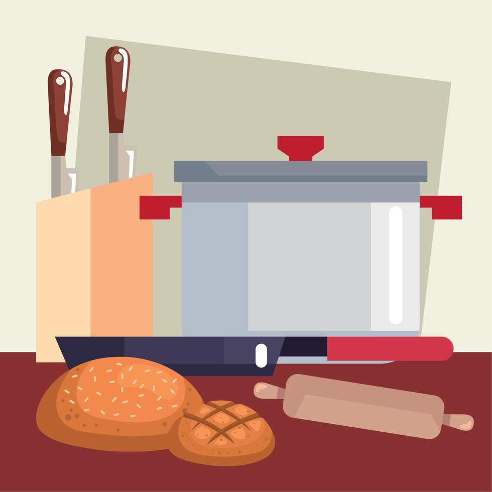 utensilios de cocina y pan vector