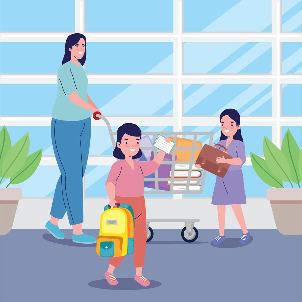 mamá y colegialas comprando útiles escolares vector