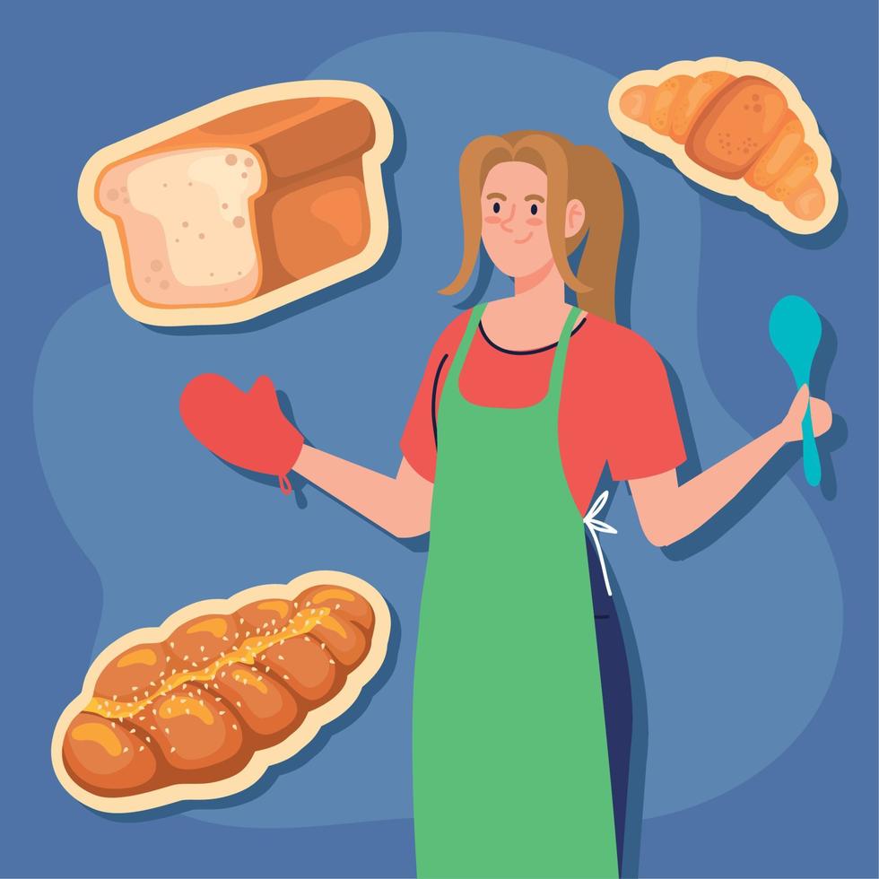 mujer cocinando pan vector