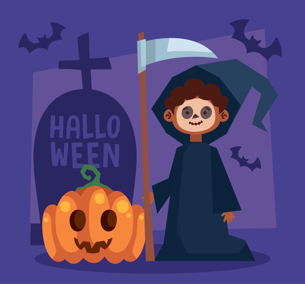 letras de halloween con pequeño segador vector