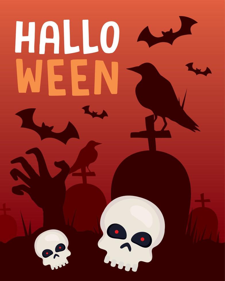 halloween lettering with skulls in cemetery vector