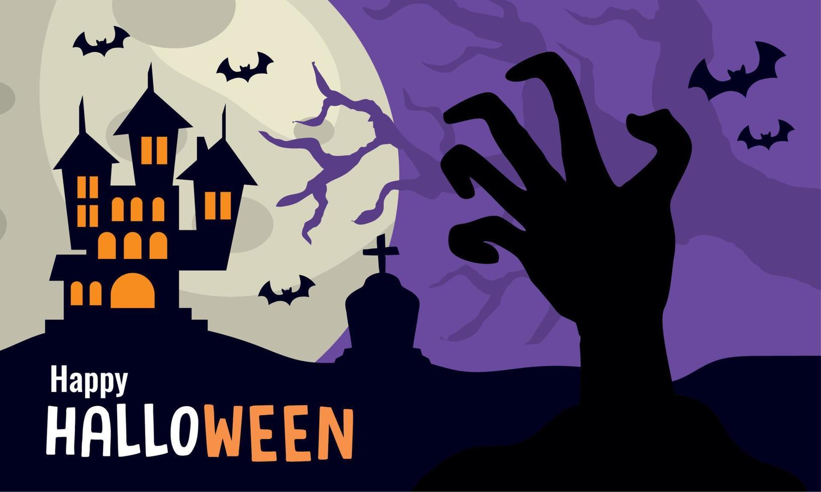 happy halloween lettering with haunted castle vector