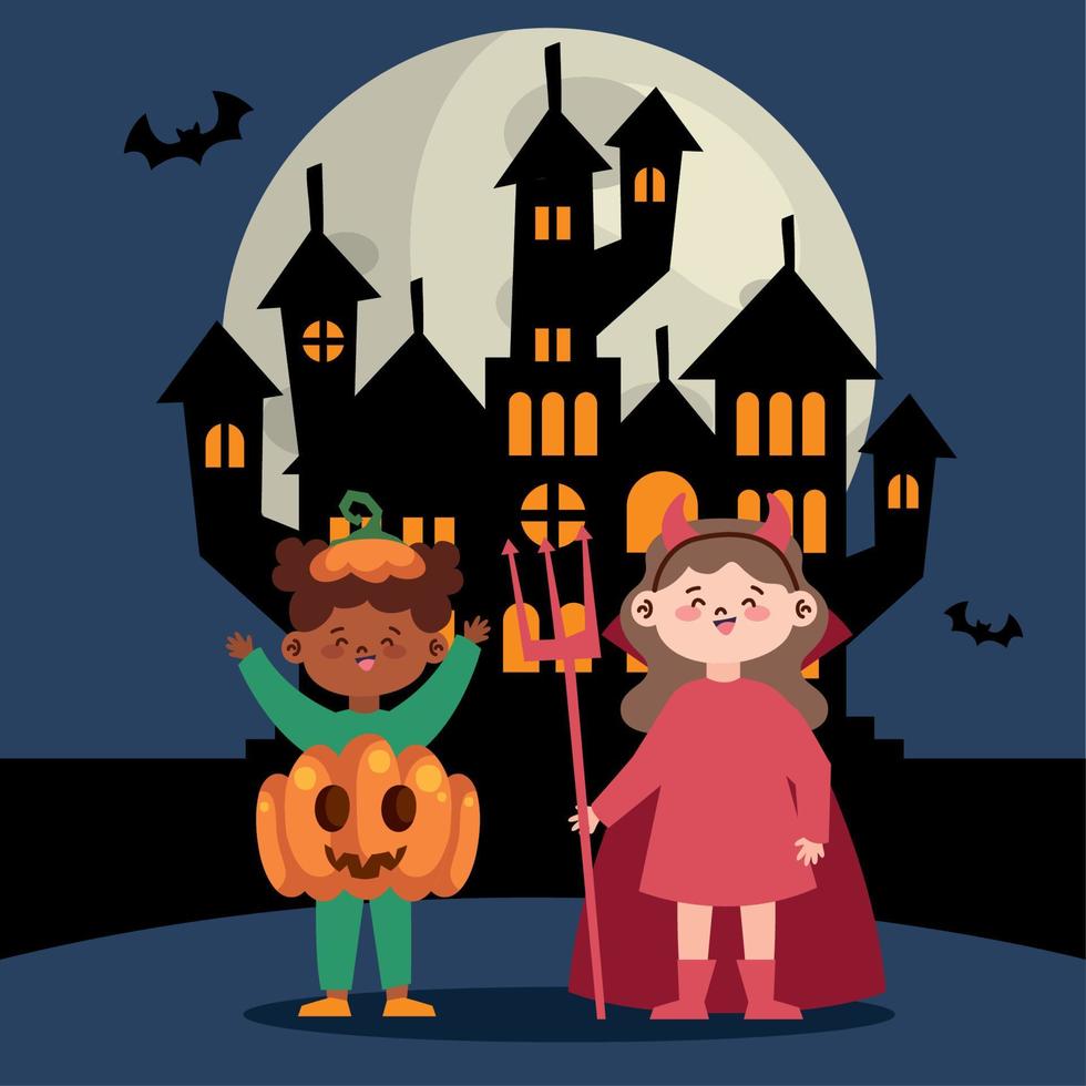 pareja de niños de halloween disfrazada vector