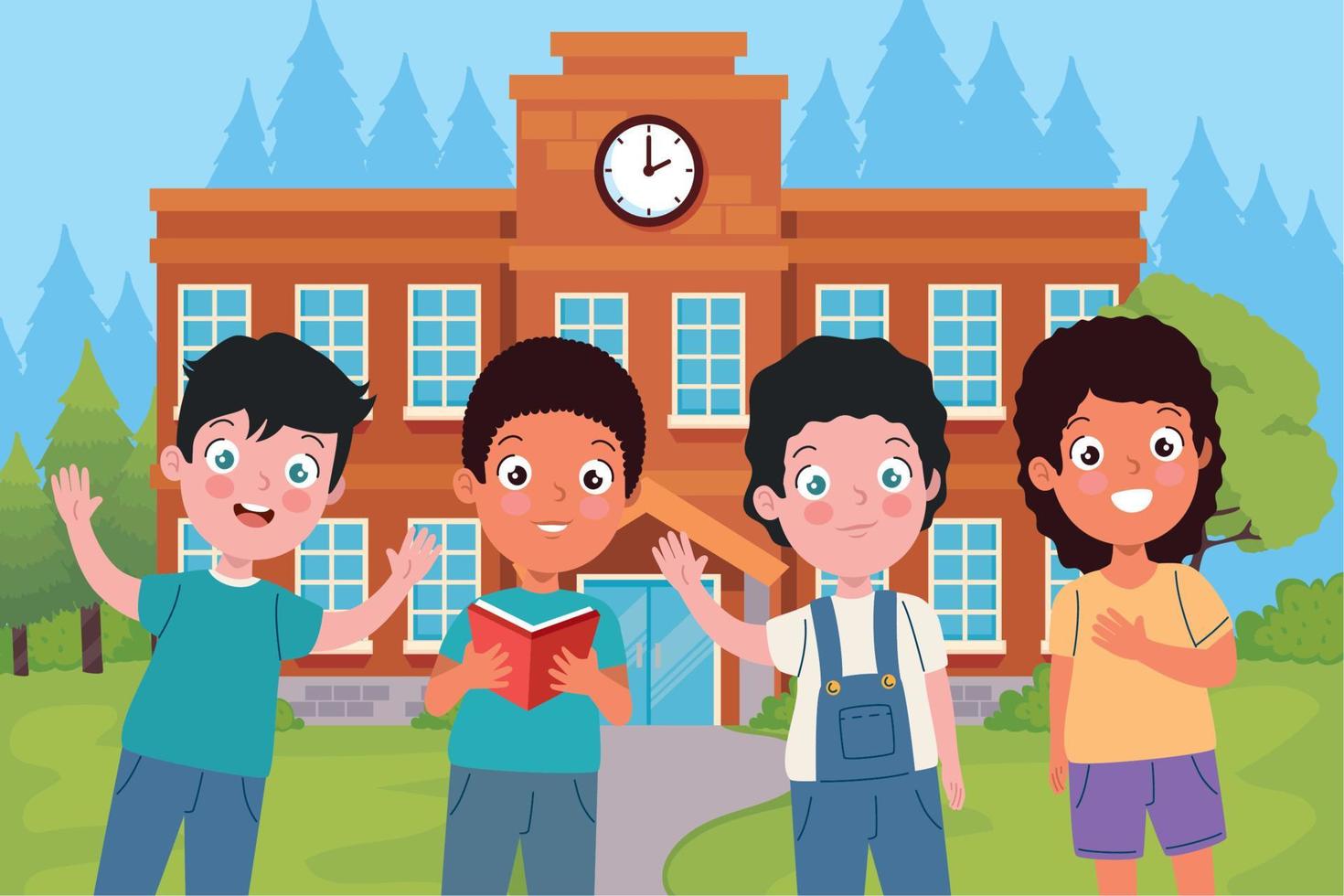 school building with students kids vector