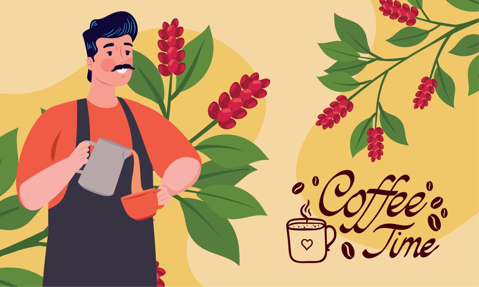 coffee time lettering with barist vector