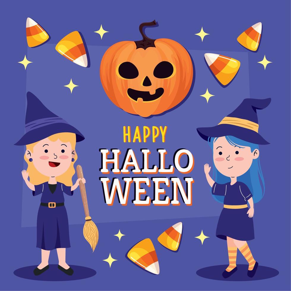 letras de feliz halloween con brujas vector