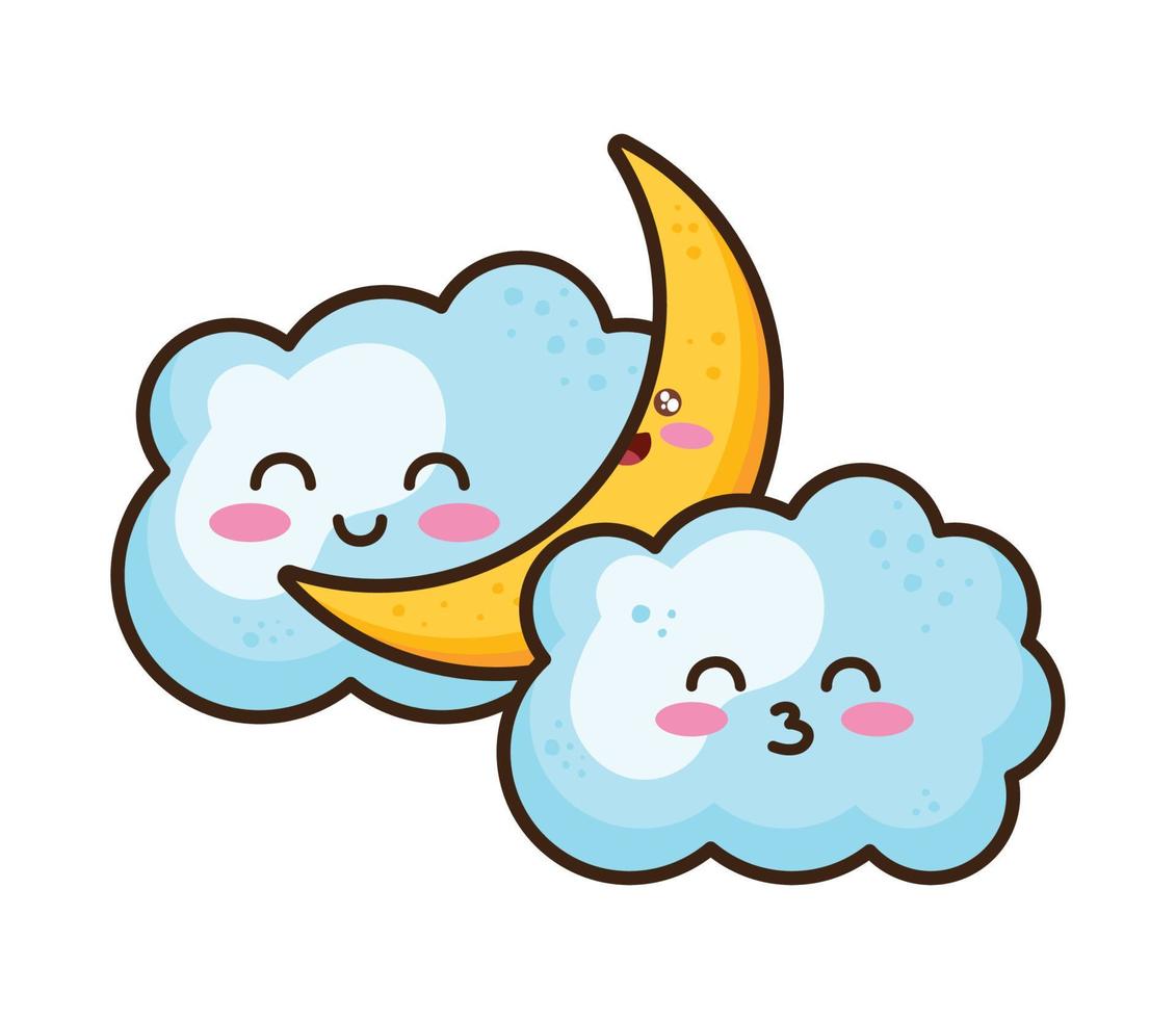 kawaii clouds and moon vector