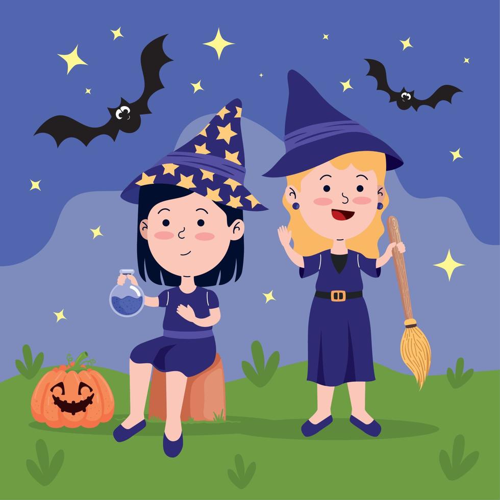 brujas de halloween con murciélagos vector