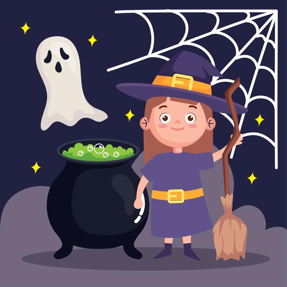 pequeña bruja y fantasma de halloween vector