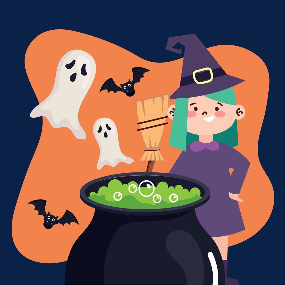 witch with cauldron and ghosts vector