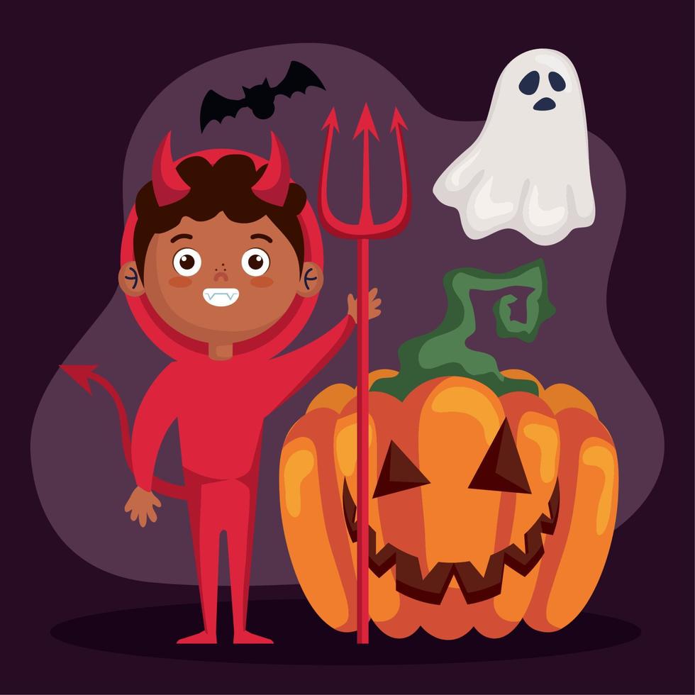 pequeño diablo de halloween y calabaza vector