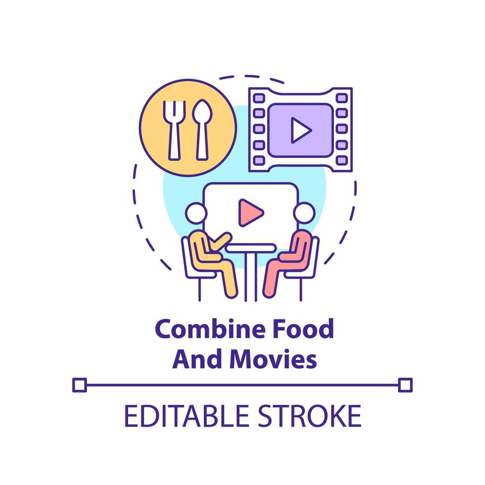 Combine food and movies concept icon. Making restaurant trendy abstract idea thin line illustration. Dine-in movie theater. Isolated outline drawing. Editable stroke. vector