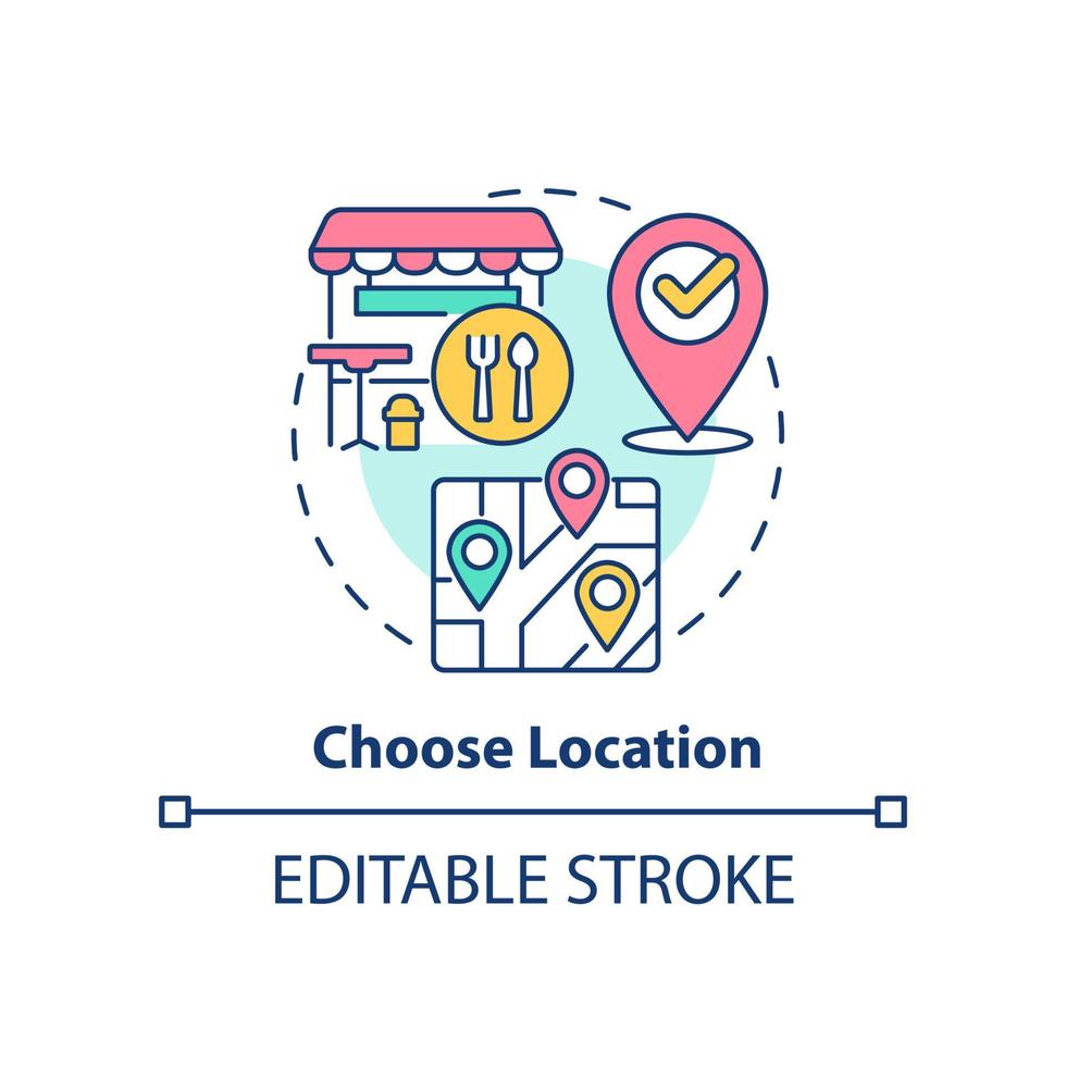 Choose location concept icon. Small restaurant business plan abstract idea thin line illustration. Site with own parking. Isolated outline drawing. Editable stroke. vector