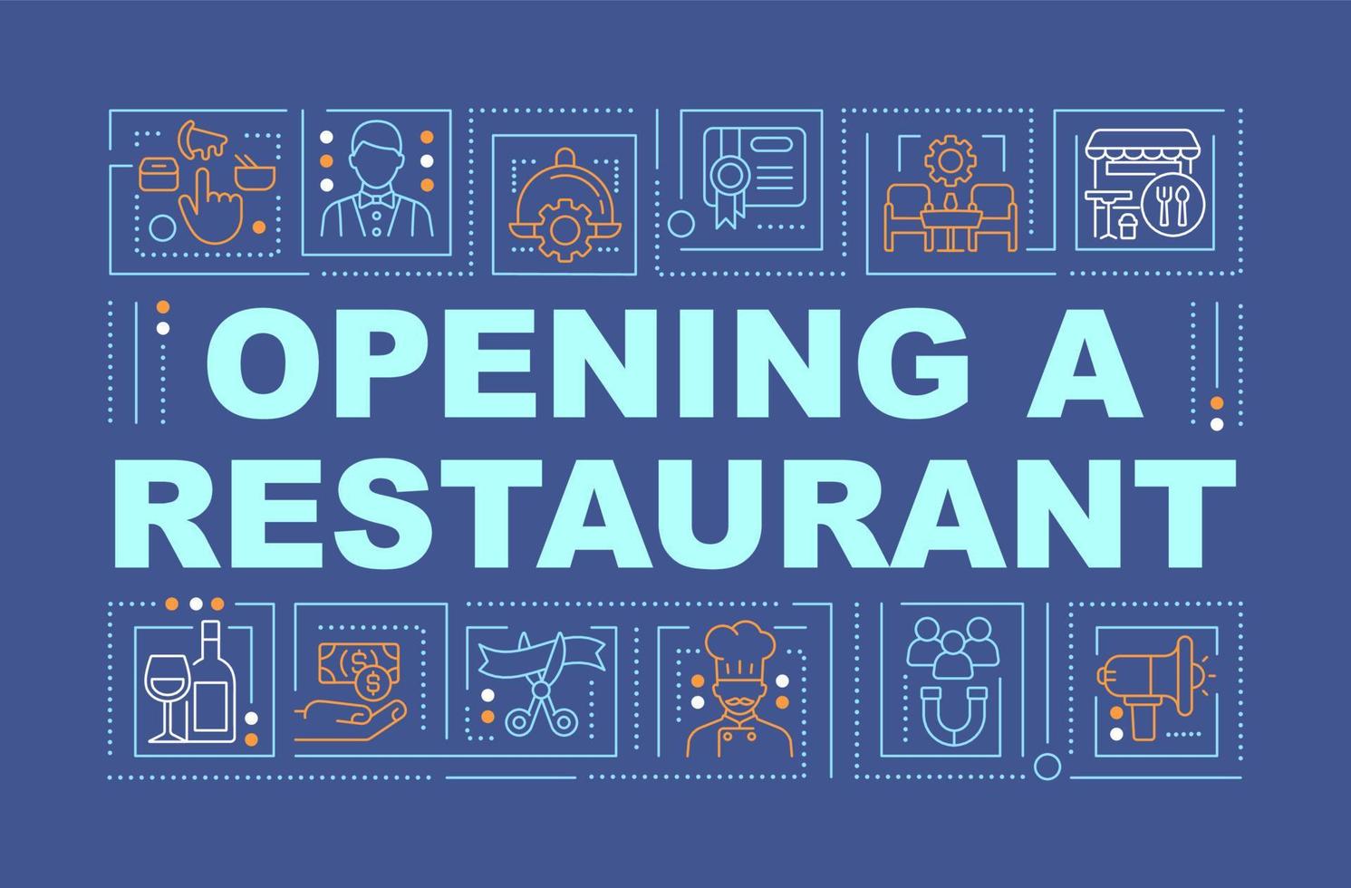 Starting small restaurant word concepts dark blue banner. Marketing. Infographics with editable icons on color background. Isolated typography. Vector illustration with text.