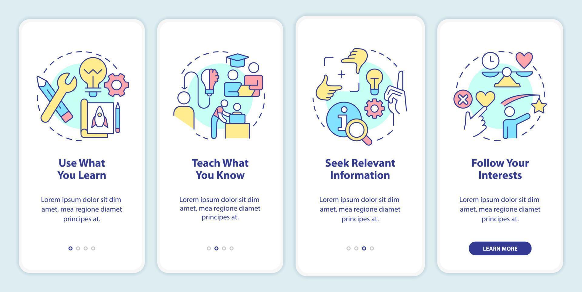 Practical learning techniques onboarding mobile app screen. Walkthrough 4 steps editable graphic instructions with linear concepts. UI, UX, GUI template. vector