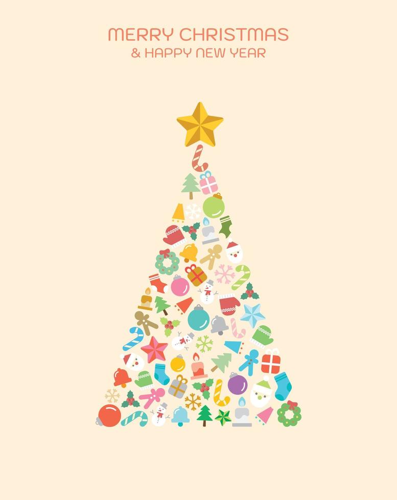 Abstract Christmas tree made from christmas elements. Greeting card pastel colors. vector