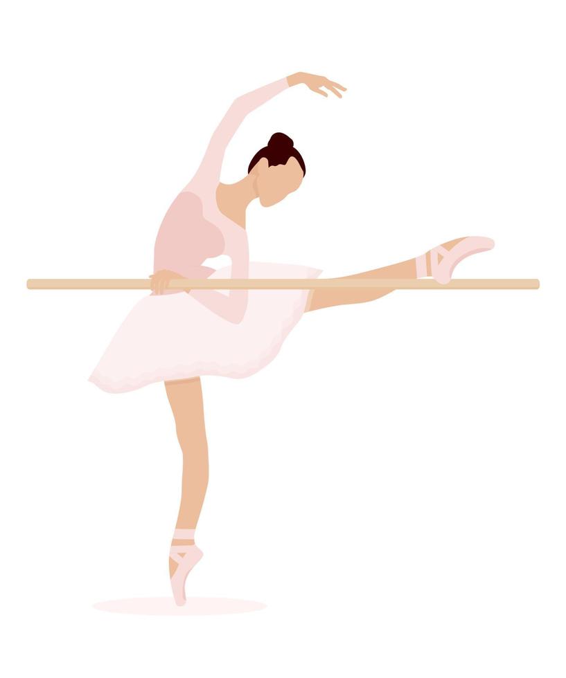 Vector ballerina doing stretching exercises at the ballet barre. Young graceful woman ballet dancer. Elegant ballerina in pink tutu dress, dancing on pointe shoes isolated on tne white