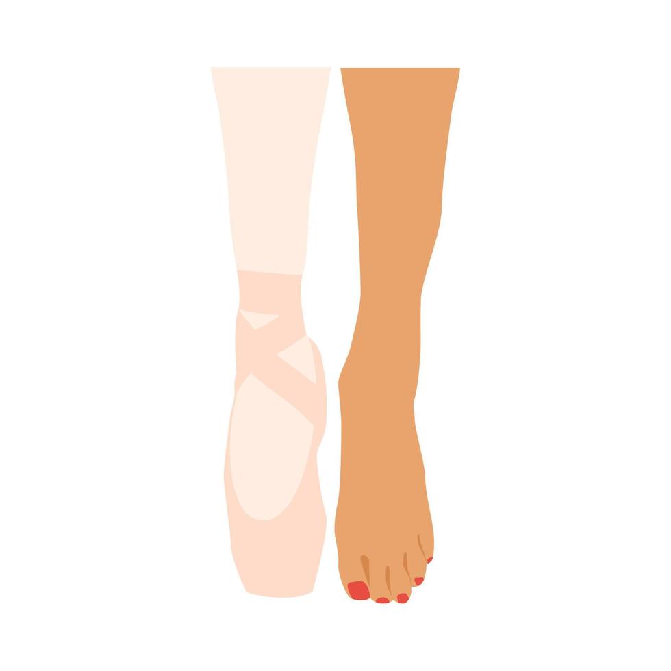 Legs and slippers of classical ballet dancer. Ballet dancer's leg in ballet shoe and barefoot woman with red nails isolated on the white background. Flat vector illustration