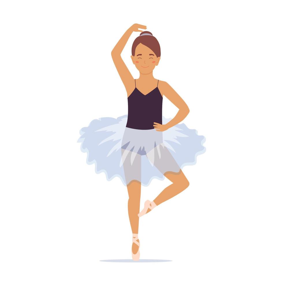 Girl ballet dancer. Little child doing ballet exercises. Cute kid doing balancing posture. Acrobat training. Sports activity. Vector illustration isolated on white background