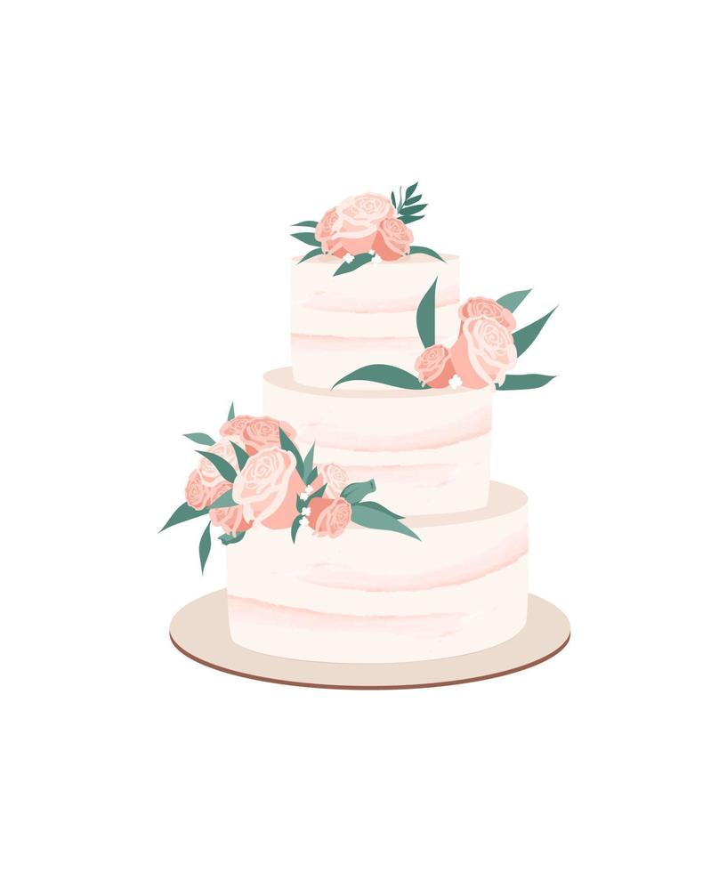 Wedding cake decorated with rose flower and leaves. Festive dessert three-tiered vanilla with rose frostin. Vector illustration isolated