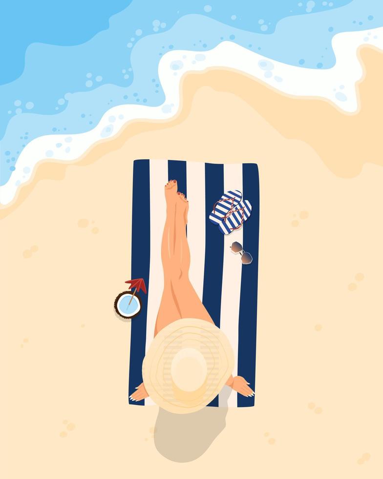 Young woman sunbathing near the sea, lying on the beach. Girl in hat in bikini lying on blanket outdoors on summer holidays. Top view. Flat vector illustration