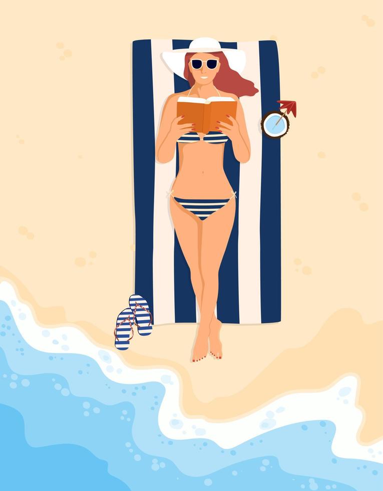 Woman with open paper book. Happy girl reader in sunglasses reading on the beach. Seashore, seaside vacation. Flat vector illustration