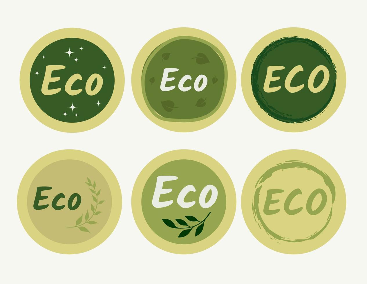 Set of round eco stickers, badges, icons, buttons with leaves in green color vector