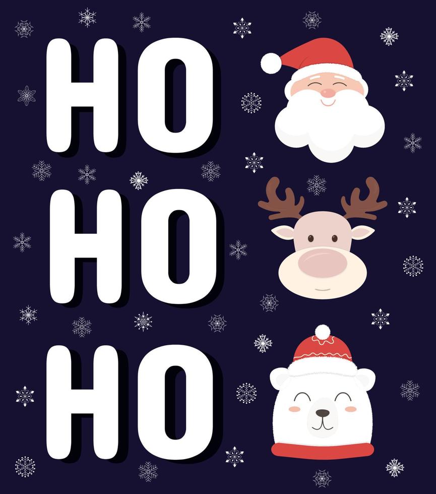 tarjeta de navidad, pancarta, pegatina con santa claus, reno, oso polar y texto grande ho, ho, ho sobre un fondo oscuro con copos de nieve vector