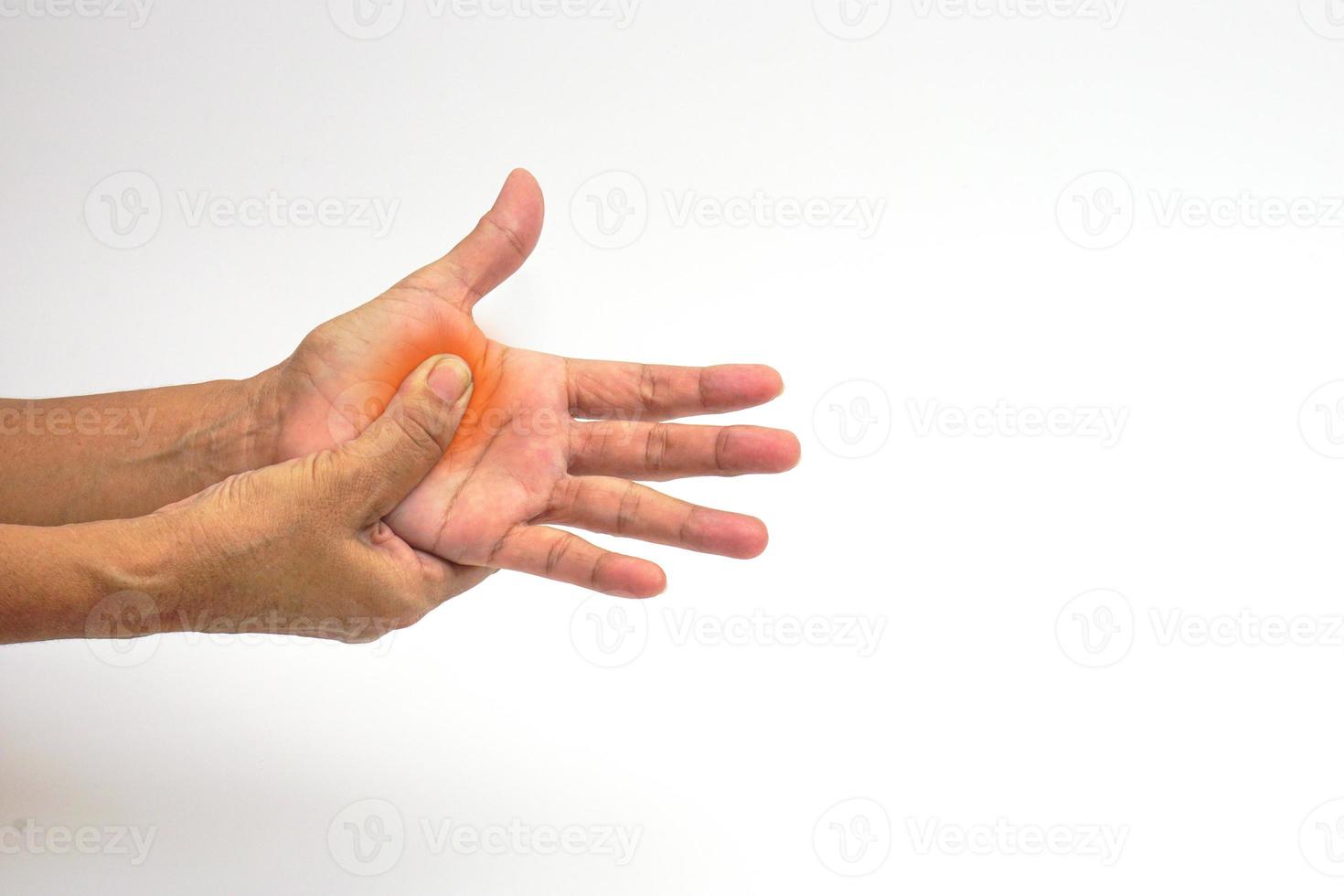 Hand of a woman suffering from palm pain on white background with clipping path. Healthcare and office syndrome concept. photo
