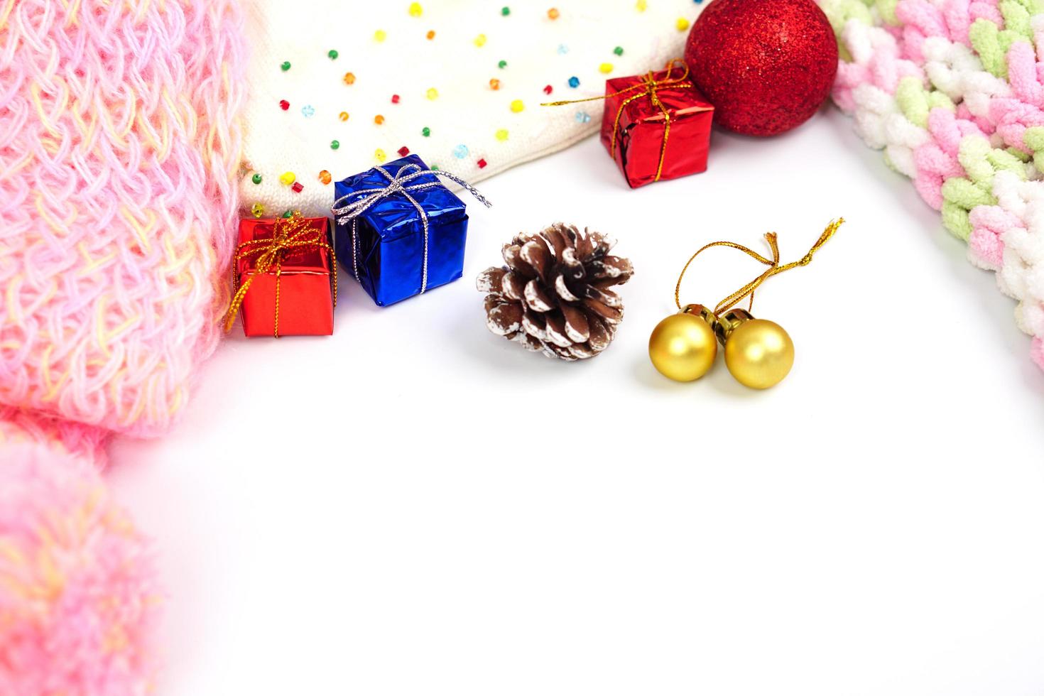 New Year or Christmas of decorations colorful and scarf on white background. photo