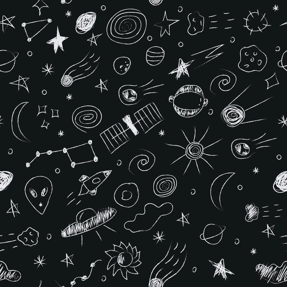 Doodle cosmic seamless pattern in childish style. Hand drawn abstract space elements. Black and white vector