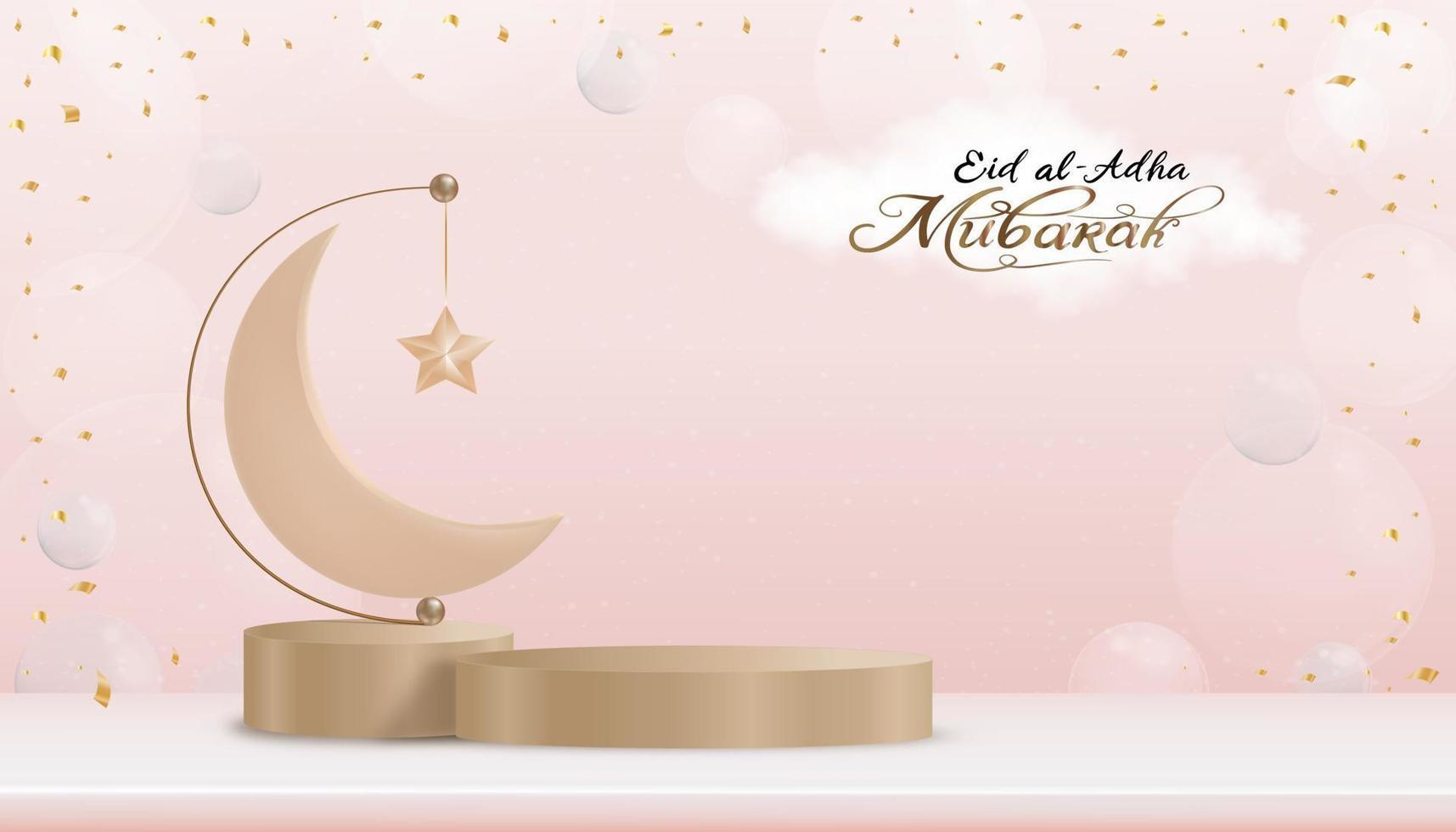 diseño de saludo de eid al adha mubarak con luna creciente y estrella colgando en el podio 3d sobre cielo azul y fondo de nubes. telón de fondo vectorial de la religión musulmana simbólica para eid al fitr, ramadan kareem vector