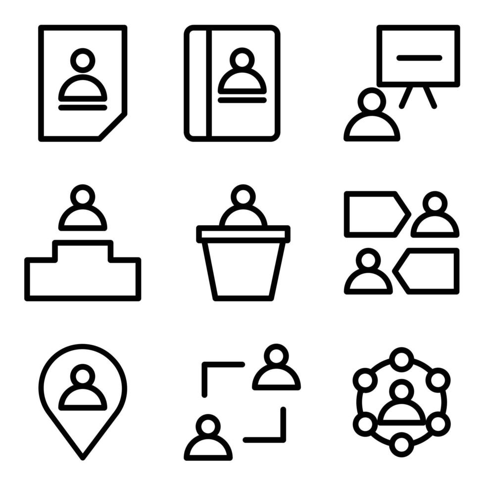 Vector set of linear icons related to business process, team work and human resource management. Mono line pictograms and infographics design element