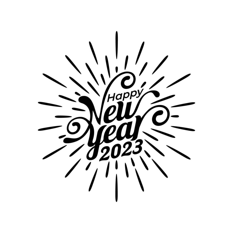 happy new year 2023 greeting in black and white with beautiful lettering, swirl elements, and splashes of fireworks. vector