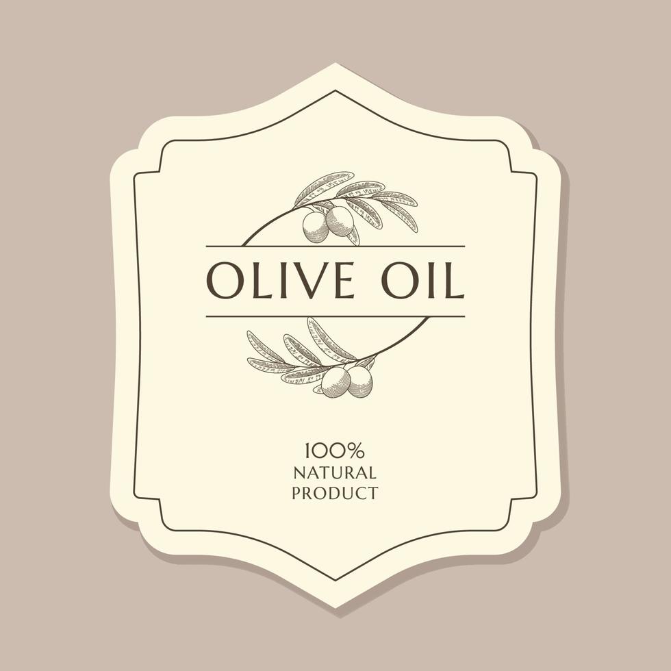 Olive oil label template with olive branch in vintage, hand drawn and line style vector