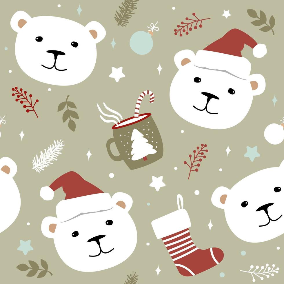 Green seamless pattern of polar bears and Christmas elements. Cute vector illustration for children.