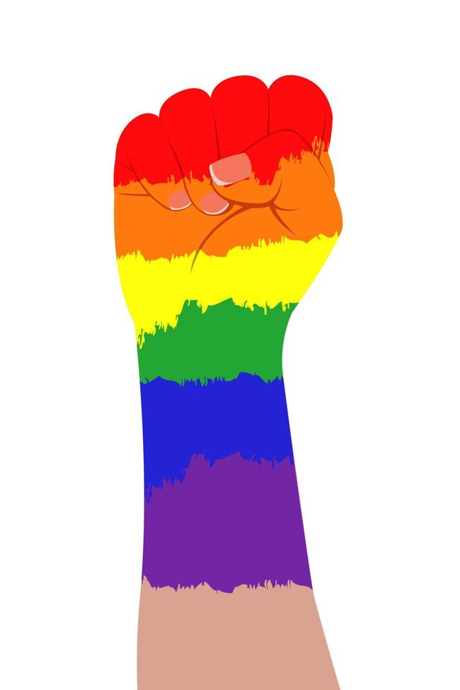 Rainbow hand clenched into a fist. Brush stroke of LGBT flag. Human rights and tolerance. Vector illustration isolated on white background. LGBT community.