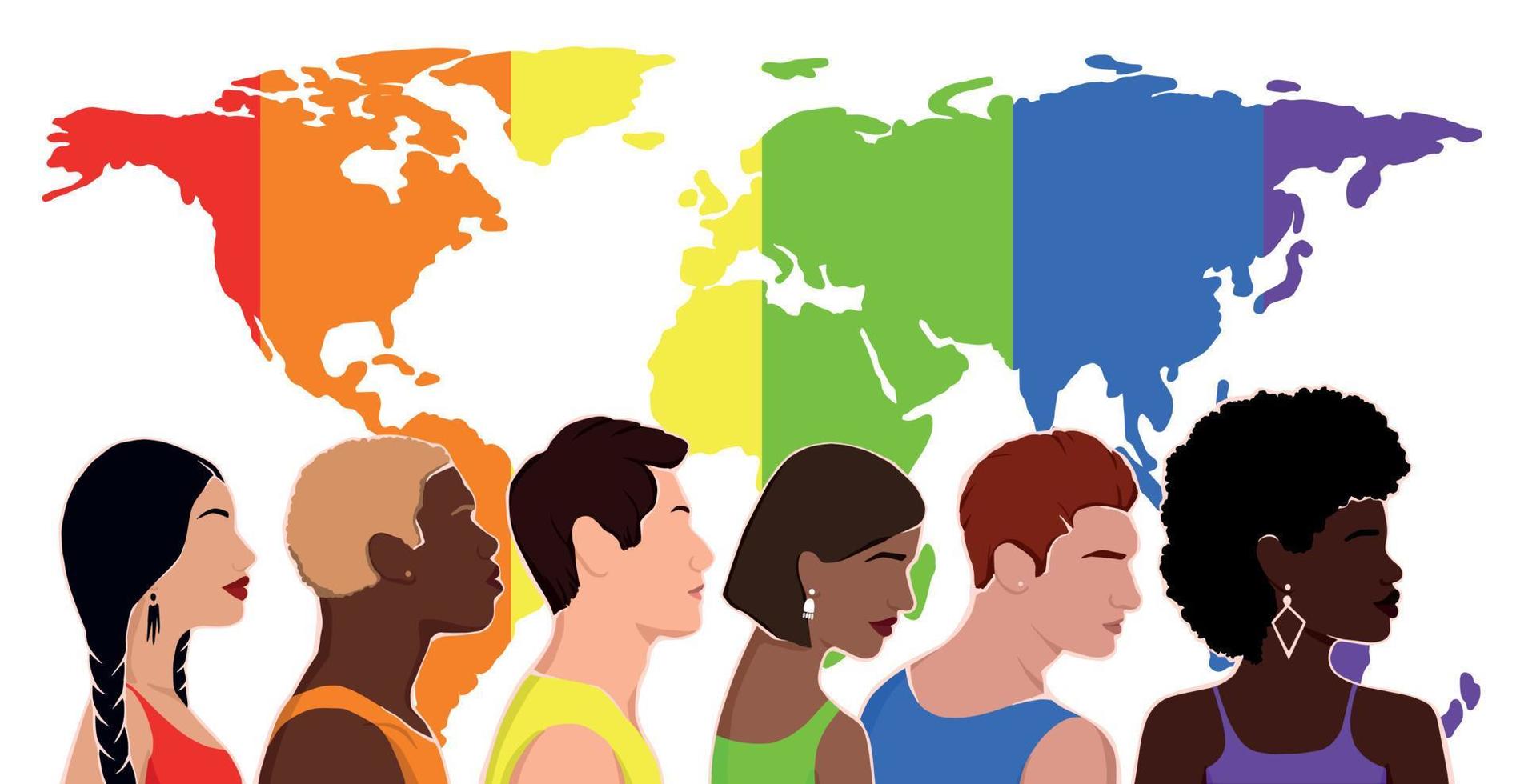 people from different ethnic groups in rainbow-colored clothes. LGBT community. Human rights. LGBTQ. Flat illustration with map. pride month. vector