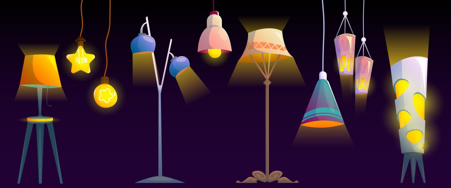Lamps, ceiling and floor glowing electric bulbs vector