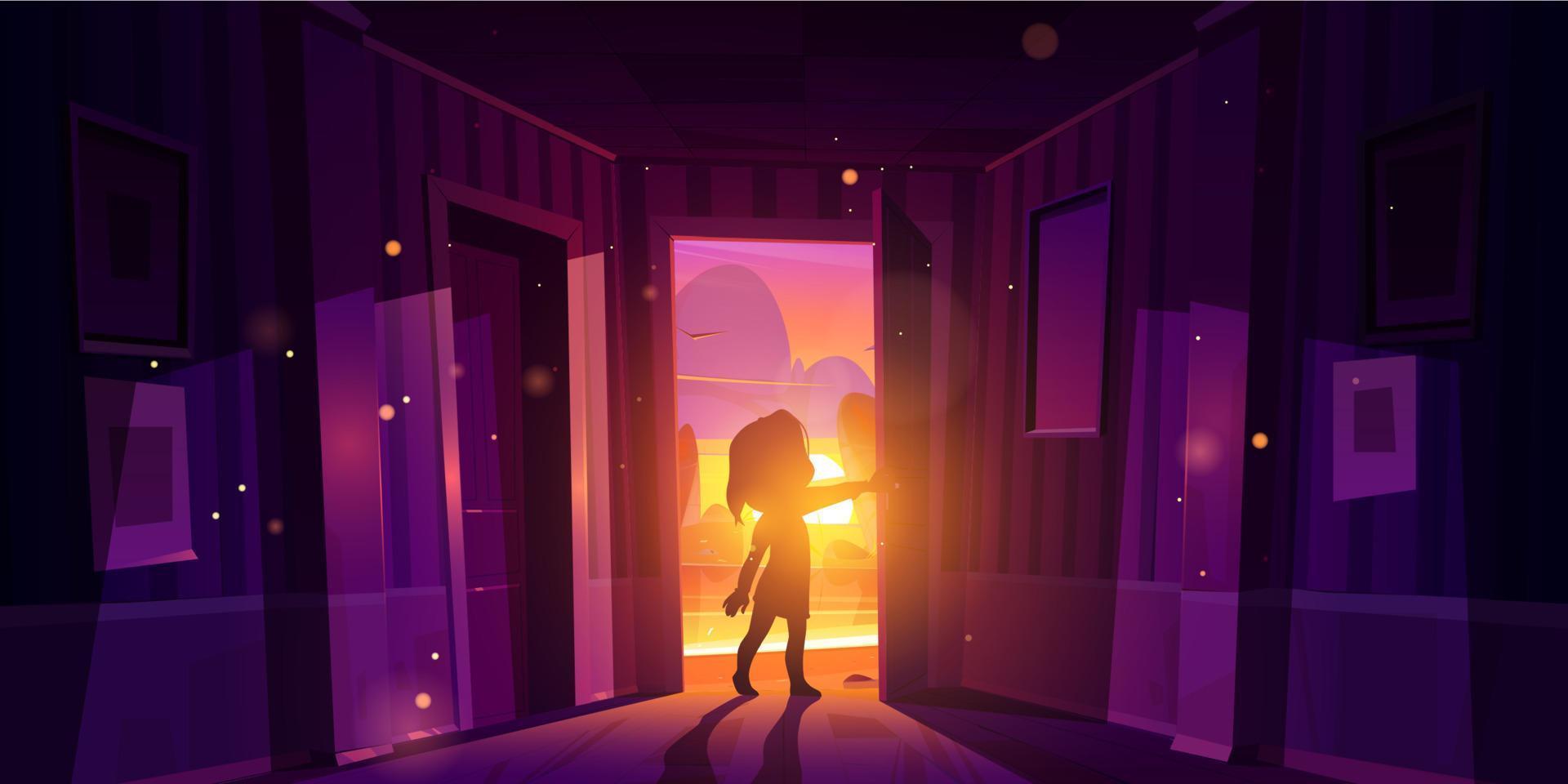 Girl open door entering home at sunset vector